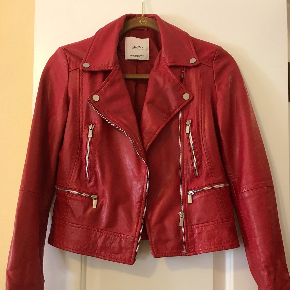Mango RED genuine leather jacket size xxs
