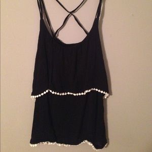 Black Two Tier Tank Top with White Fringe