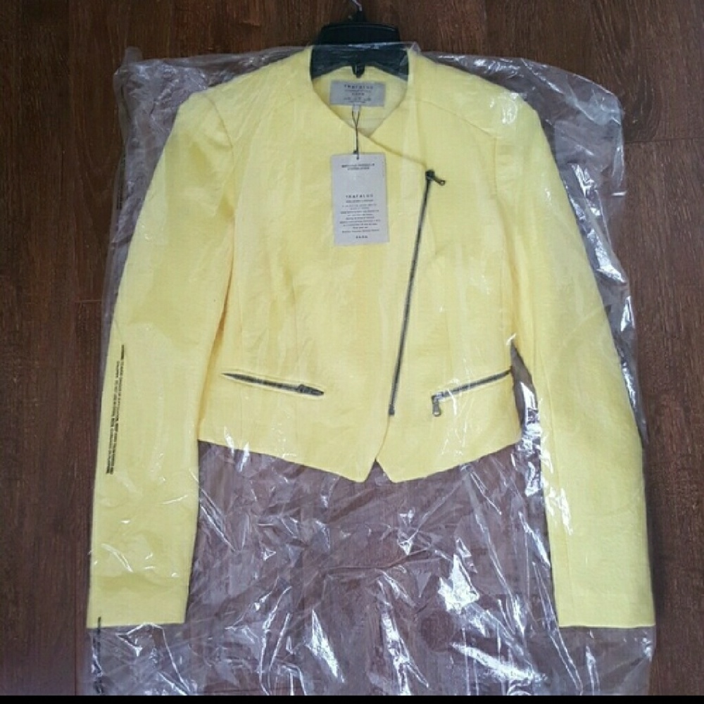 Zara cropped tweed moto jacket yellow S 2