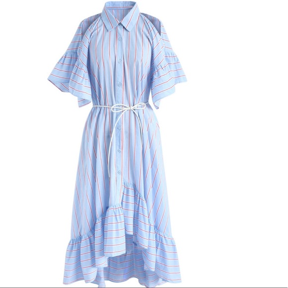 Blue Stripe Cold-Shoulder Oversized Shirt Dress - Picture 1 of 5