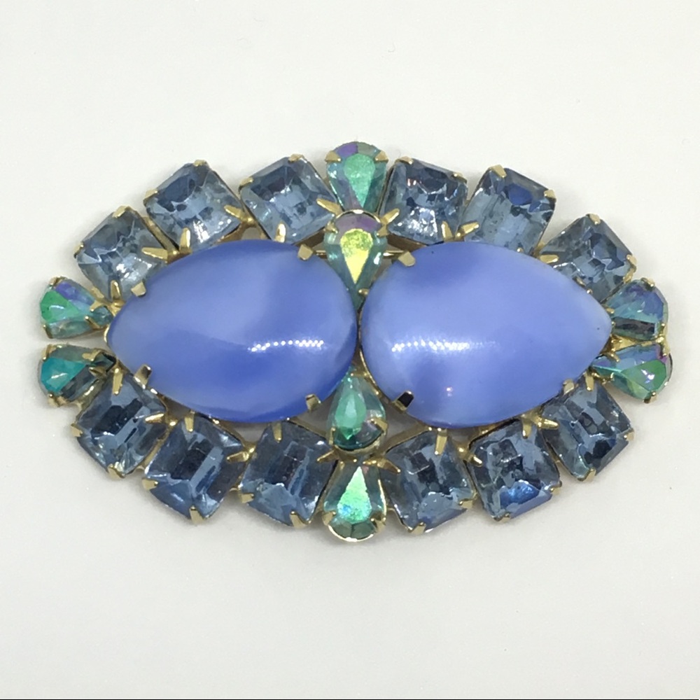 Vintage Large Blue Moonstone AB Rhinestone Brooch