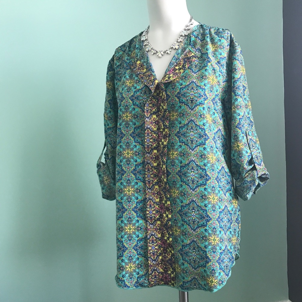 Anthro Mandolin print Silk Top
