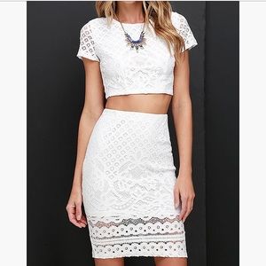 Lulu's Two Piece Ivory Lace Set Skirt and Crop Top