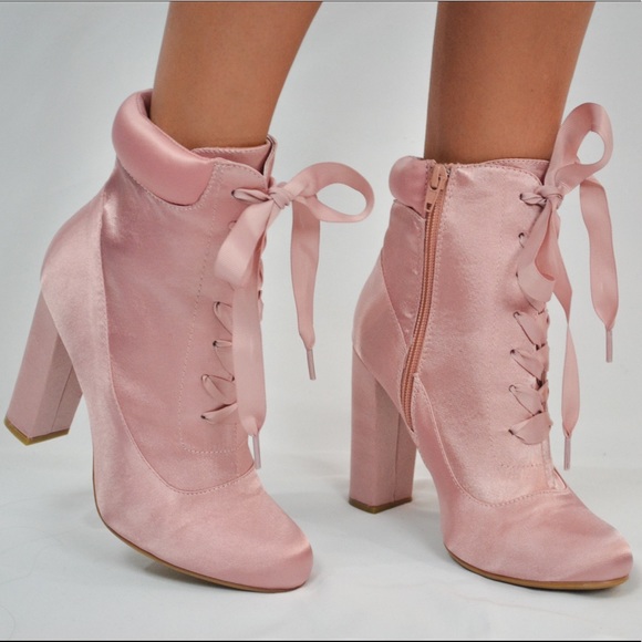 Pink Satin Lace Up Boots - Picture 3 of 6