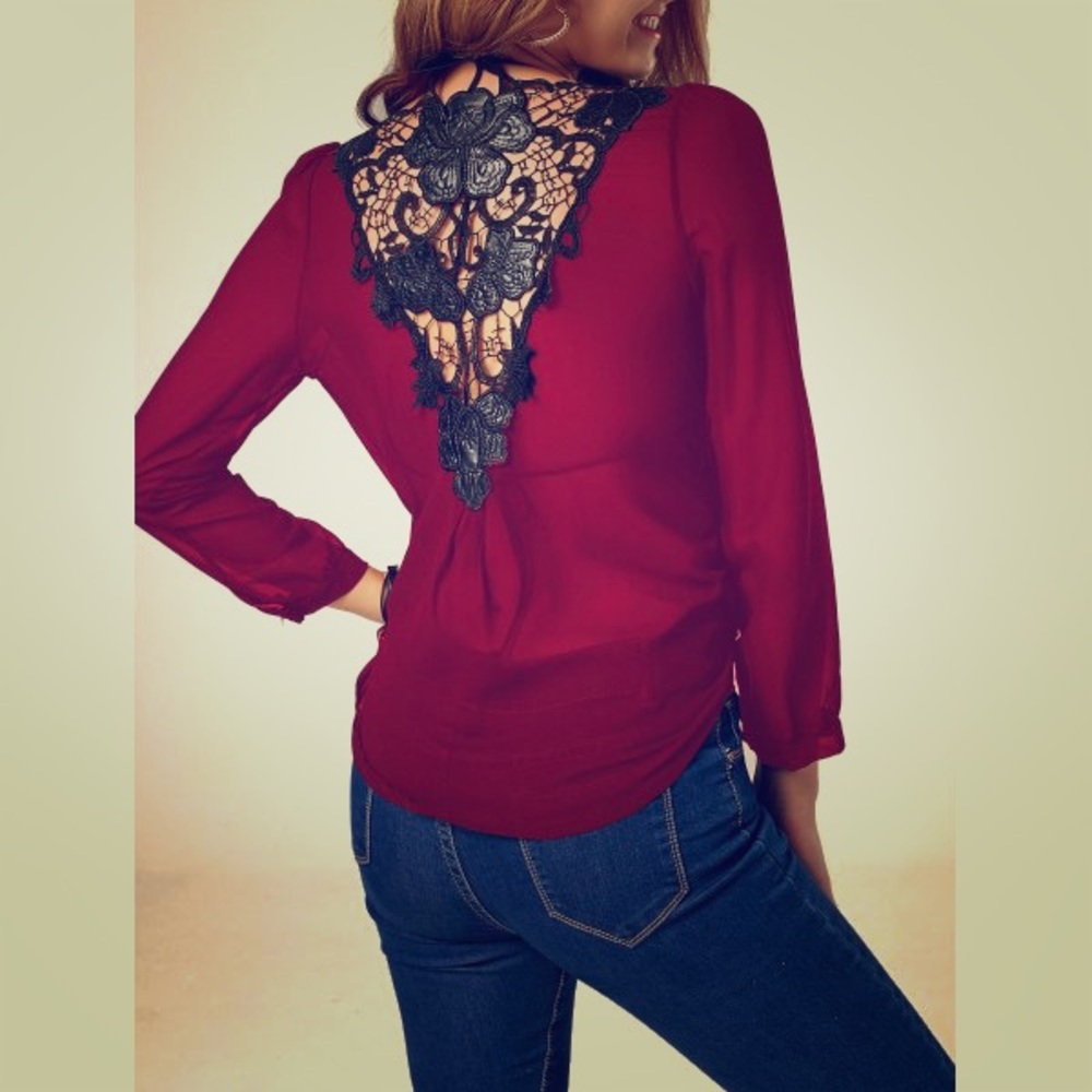 Lace Trim Asymmetric Chiffon Long Sleeve Blouse
