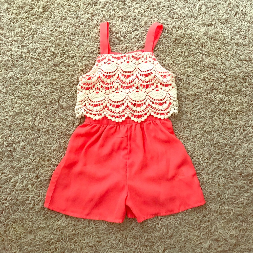 Coral Romper with Crochet Top