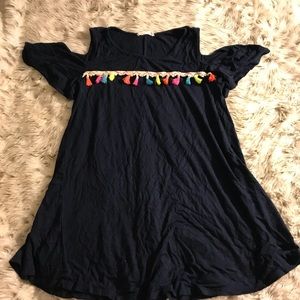 Navy blouse cold shoulder blouse with Pom Poms