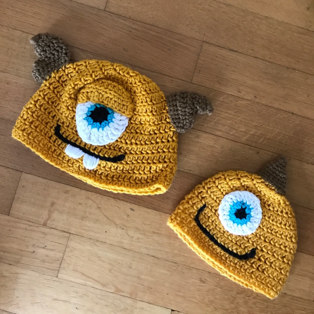 Handmade one-eyed monster couple costume beanies for Halloween