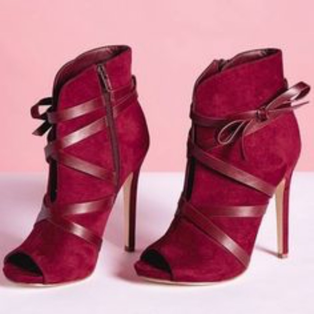 Burgundy Suede Crisscross LaceUp Open Toe Bootie