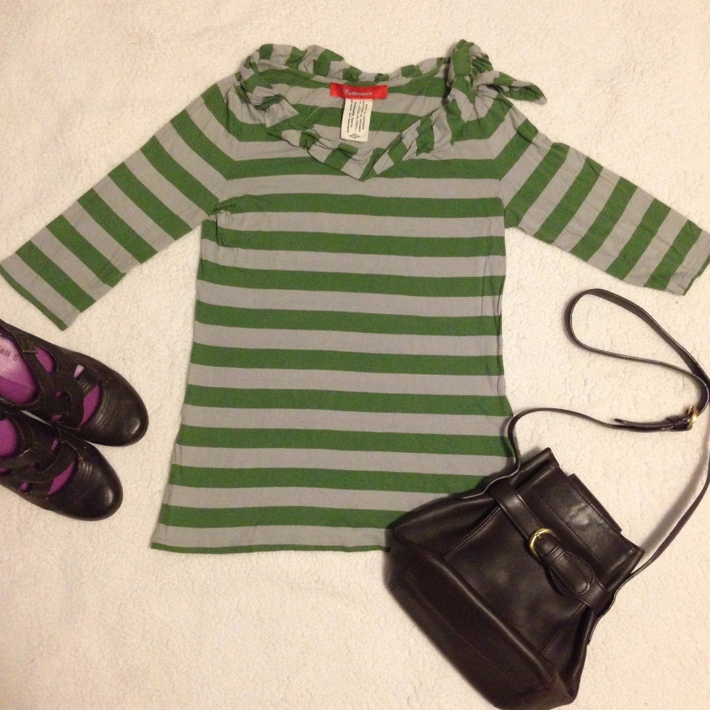 Anthro Cartonnier green / gray striped top