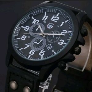 New men watch army military leather quartz analog