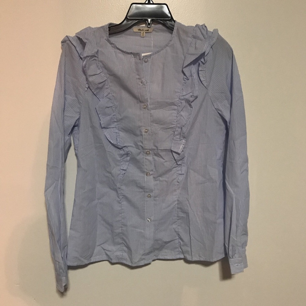Small blue white striped ruffle shirt