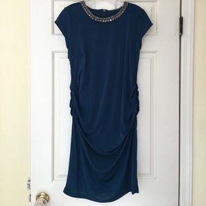 Peacock Blue Maternity Dress Jeweled Neckline L