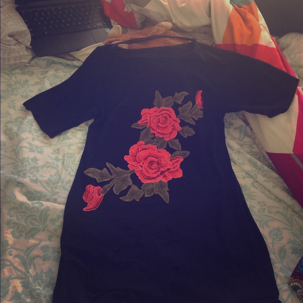 Rose embroidered distressed tshirt dress
