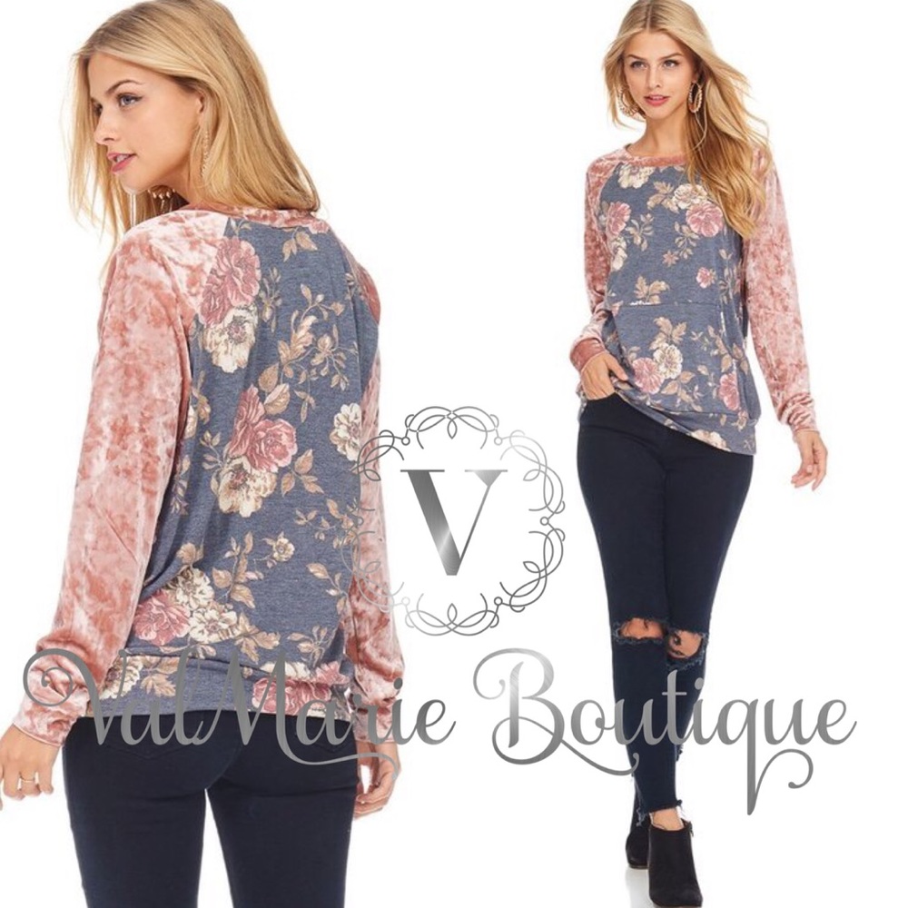 LAST 1- Velvet Sleeves Floral Top - Picture 2 of 2