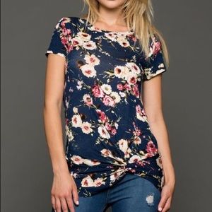 Navy Floral Tee w/ twist knot