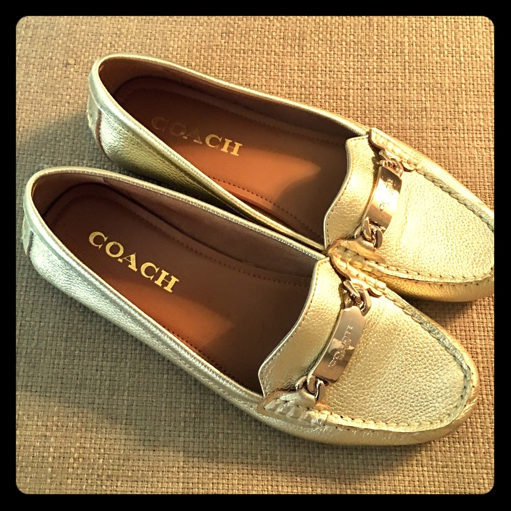 COACH Leather Flats Loafers Driving Shoes Gold NEW