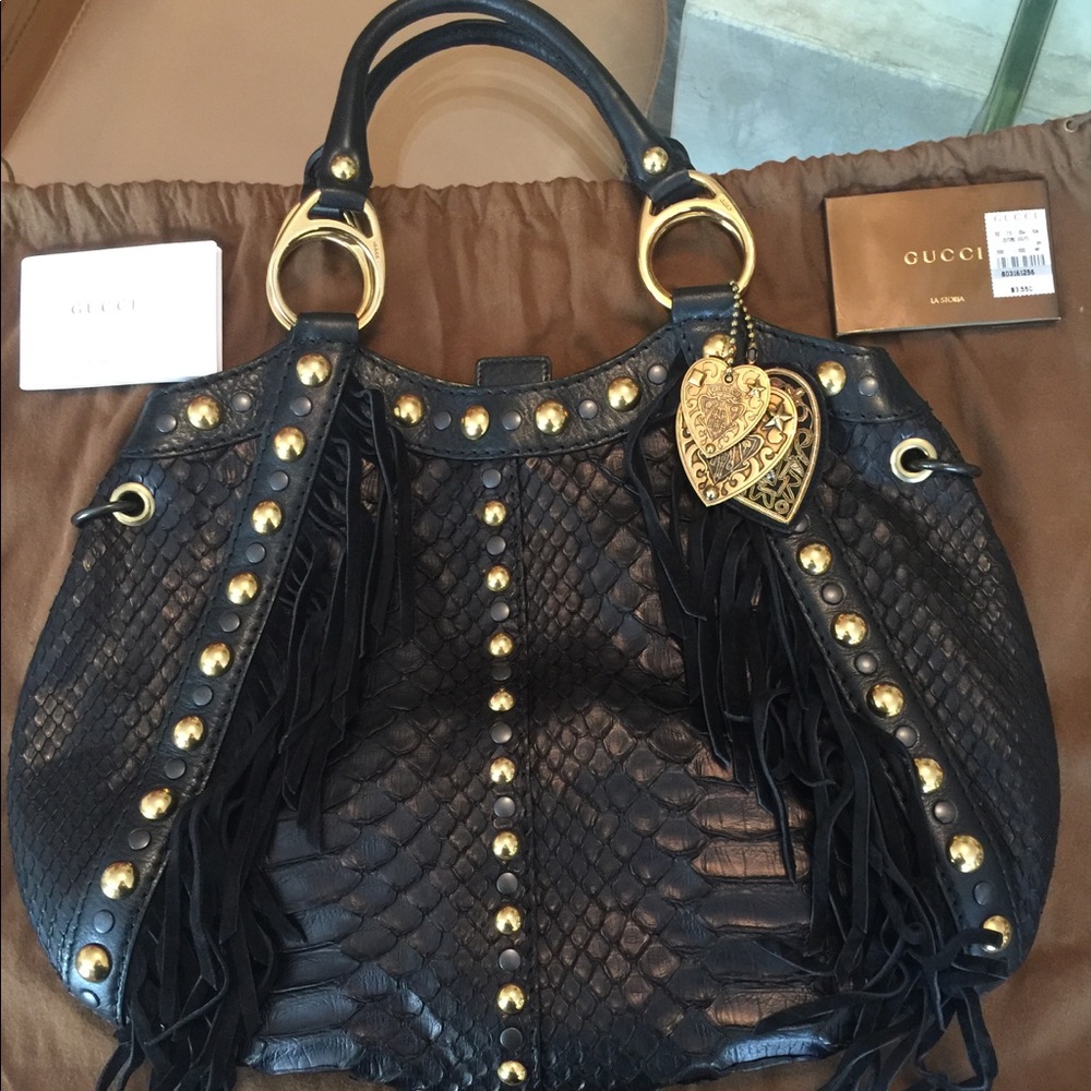 Authentic Gucci Python, Babouska Hobo Fringe, Studded bag.