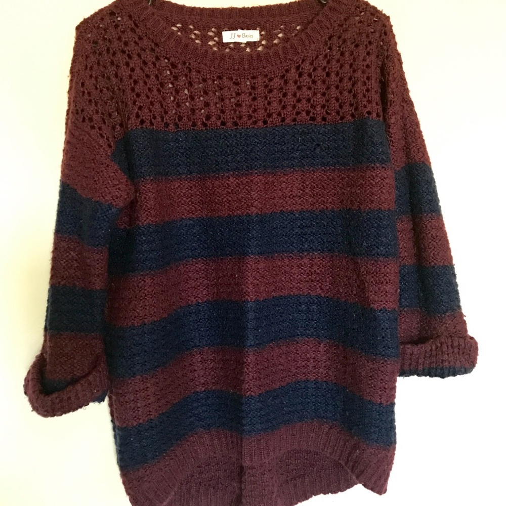 Red and Navy Blue Large Striped Knit Sweater
