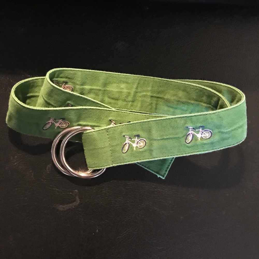 Green JCrew belt with pink bikes