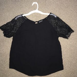black t-shirt with lace sleeves
