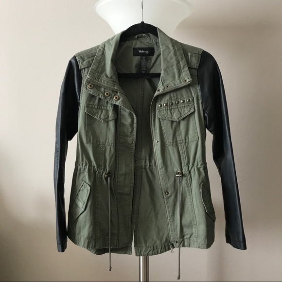 Jackets & Blazers - Army Green Black Moto Trench Studded Jacket