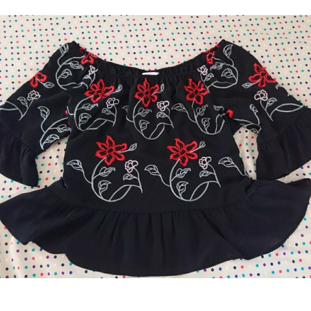 Black Floral Embroidered Peplum Blouse