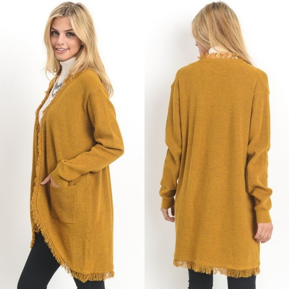 Fringe open front Cardigan Long Sleeve Pockets - Picture 3 of 8