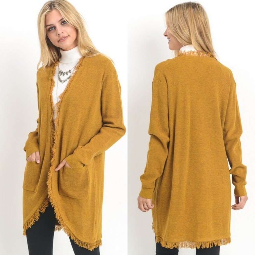 Fringe open front Cardigan Long Sleeve Pockets - Picture 4 of 8
