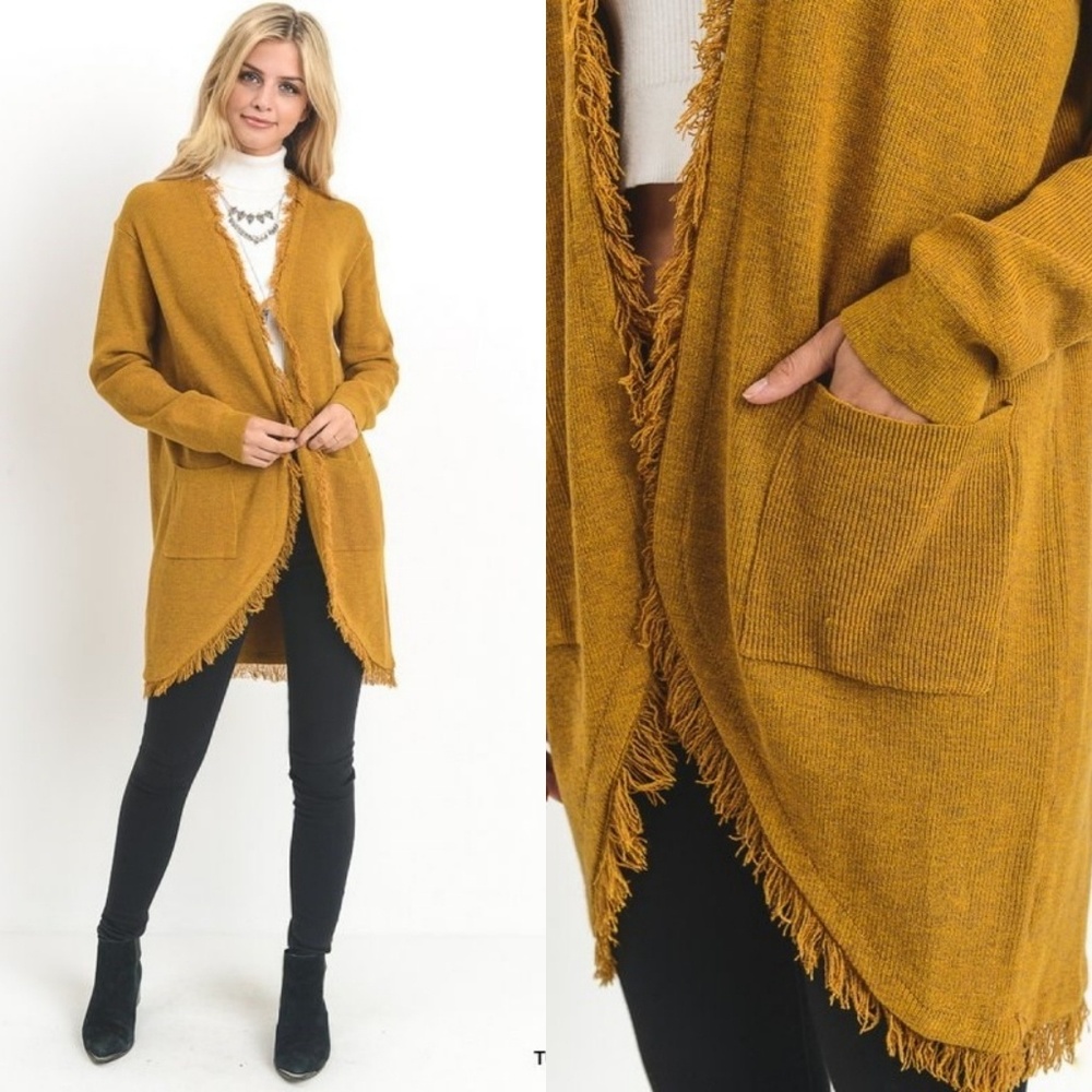 Fringe open front Cardigan Long Sleeve Pockets - Picture 5 of 8