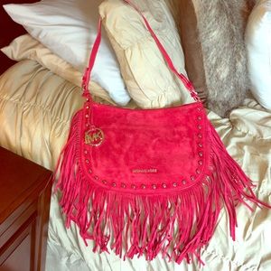 Red suede fringe purse