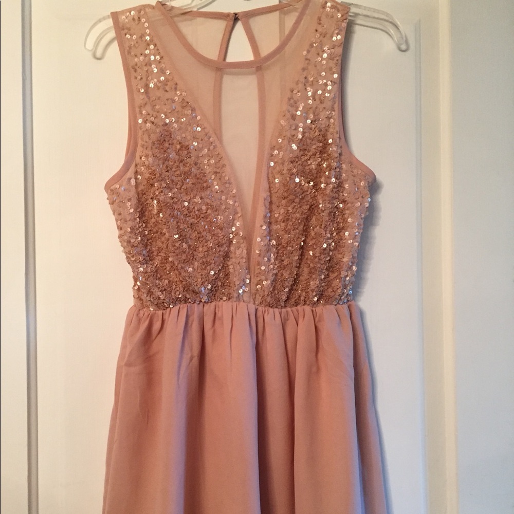 F21 blush sequin illusion v neckline dress short