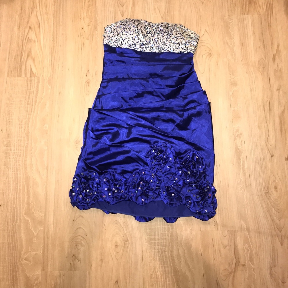Royal blue and white beaded prom dress