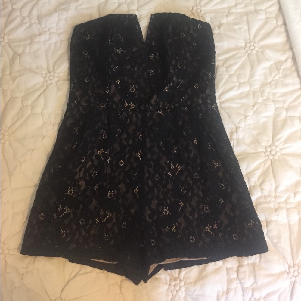 Black strapless lace romper