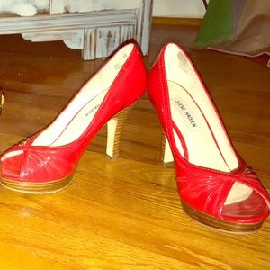 Red hot peep toe pumps