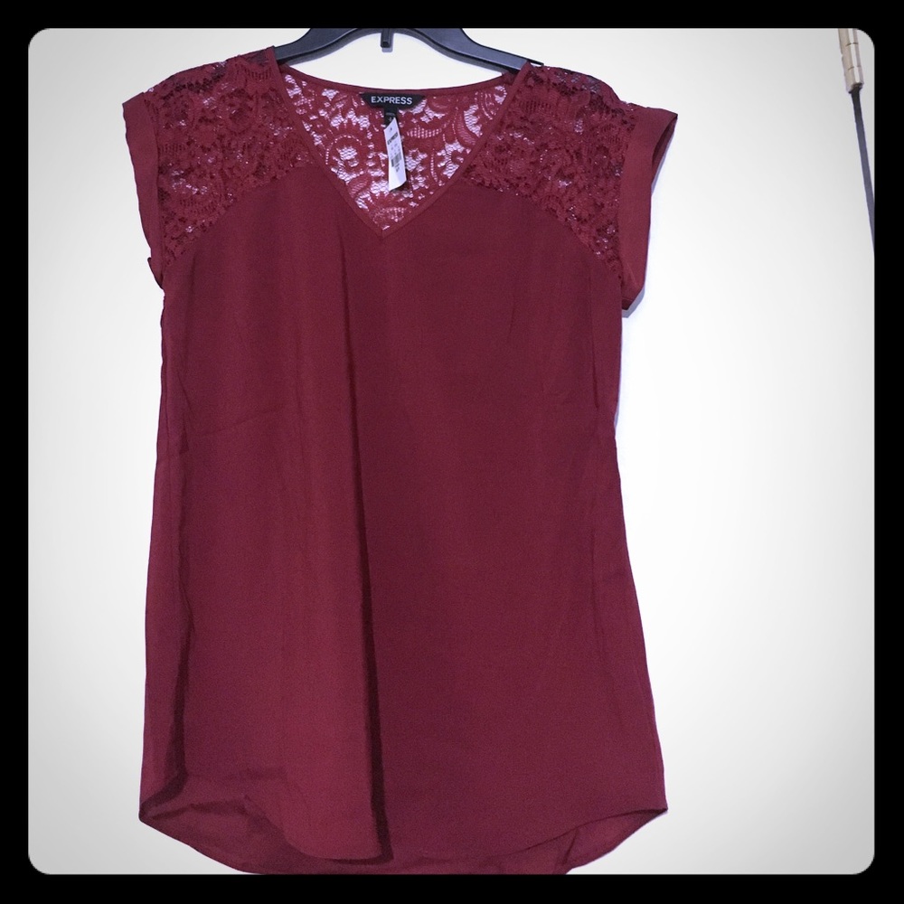 NWT express red v neck lace back rolled sleeve S