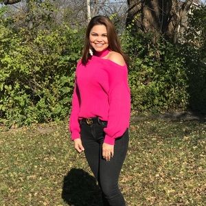 Candy Pink, one shoulder choker sweater!