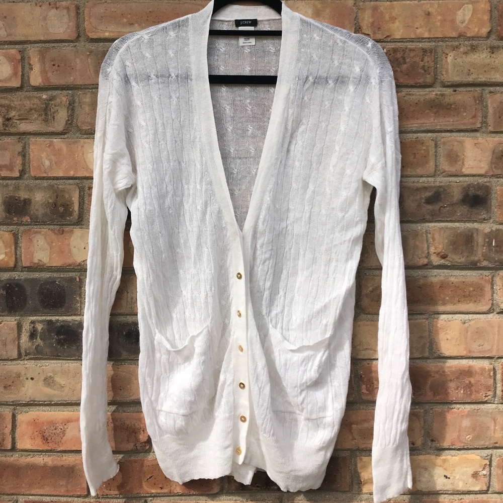 J Crew White linen sweater with gold buttons ✨