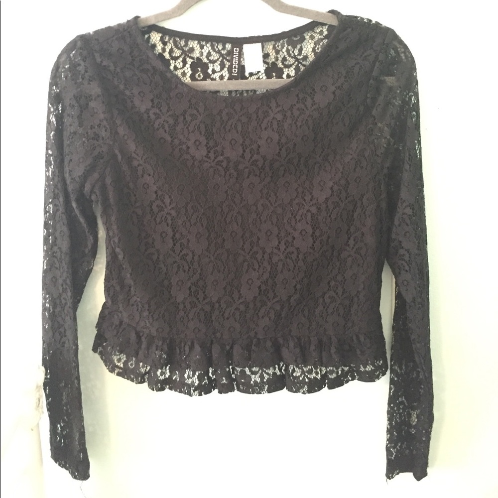 BLACK LACE SHEER BACK RUFFLE BOTTOM LONG SLEEVE