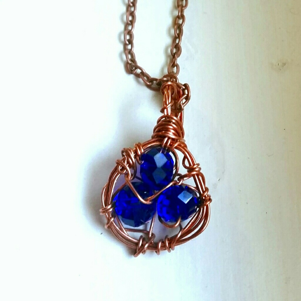 Blue birds nest- copper wire wrapped necklace