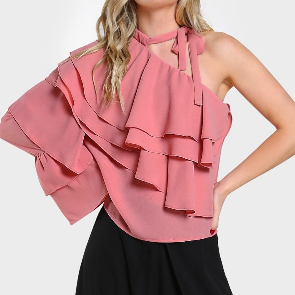 Pink ruffle blouse with one long sleeve. Very Feminine and Classy. Tie neck. - Picture 1 of 5