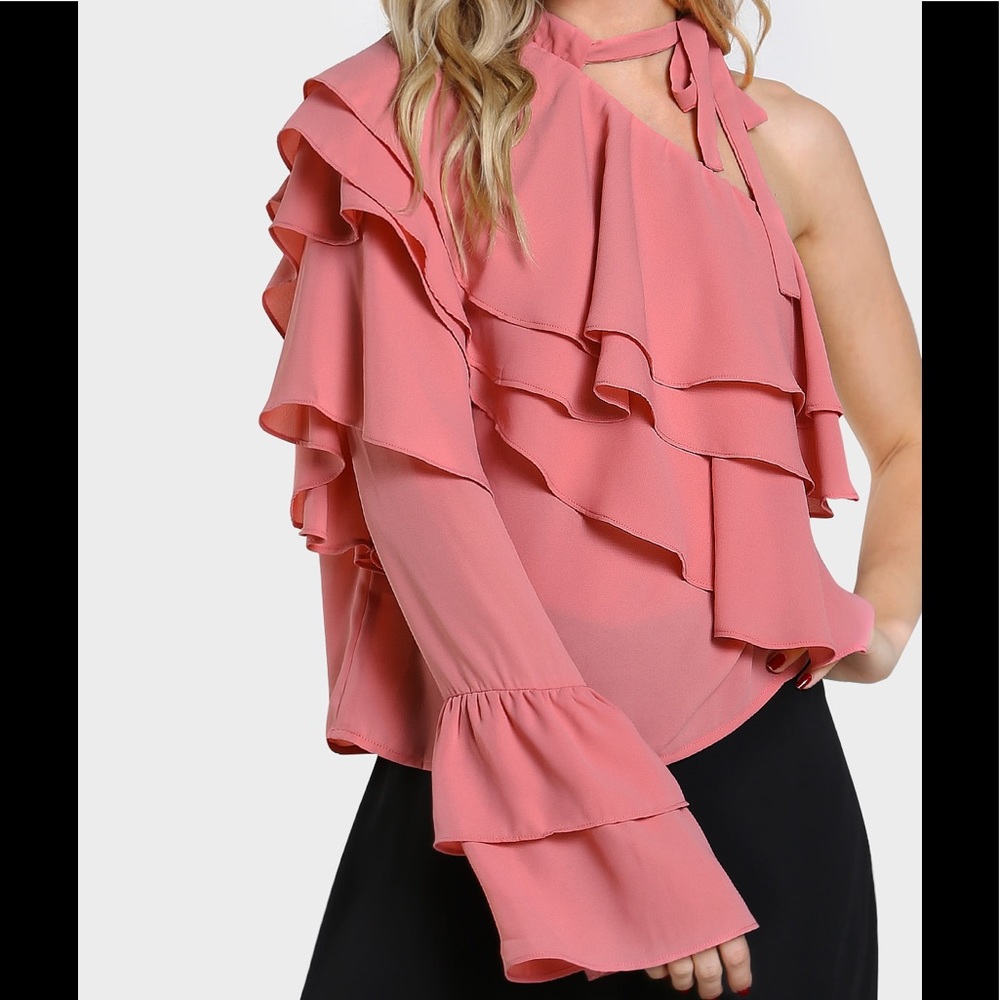 Pink ruffle blouse with one long sleeve. Very Feminine and Classy. Tie neck. - Picture 3 of 5