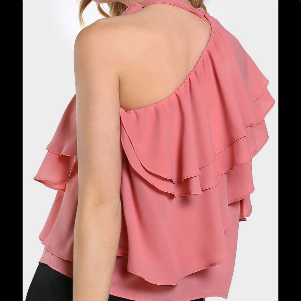 Pink ruffle blouse with one long sleeve. Very Feminine and Classy. Tie neck. - Picture 4 of 5