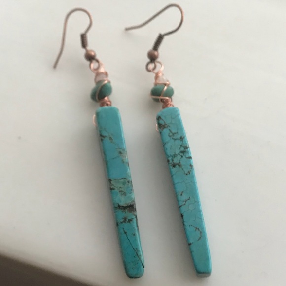 •Artisan Modernist Turquoise & Copper Earrings• - Picture 2 of 6