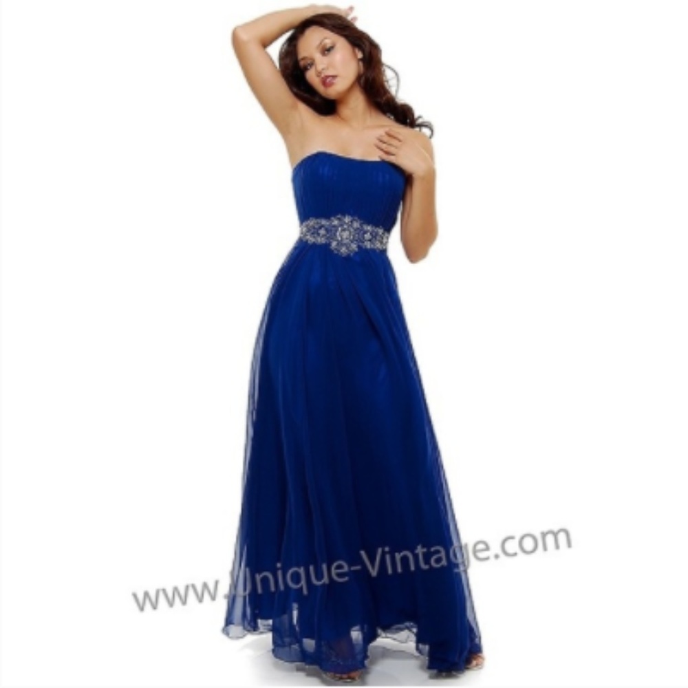 Unique Vintage Royal Blue Strapless Formal Dress