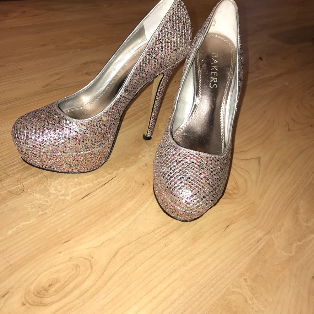 Champagne colored sparkle platform pumps