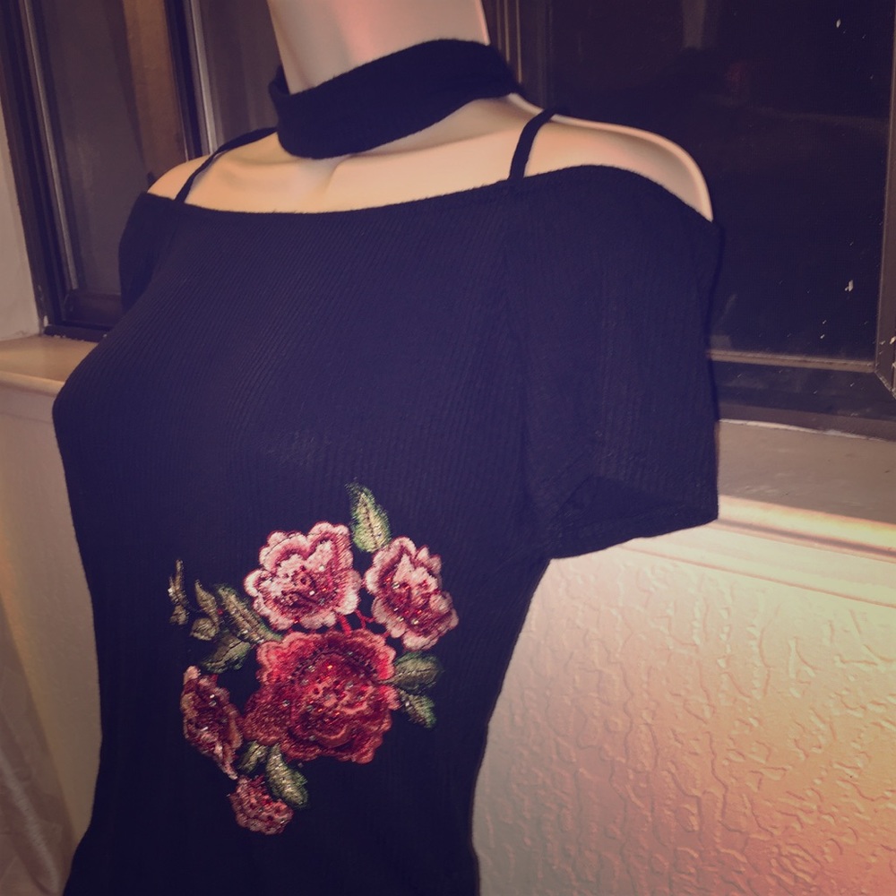Beautiful Embroidered Flowers Choker Top