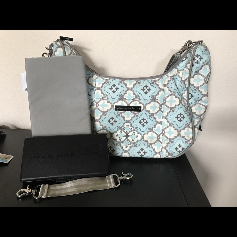 Petunia Pickle Bottom Diaper bag blue white gray