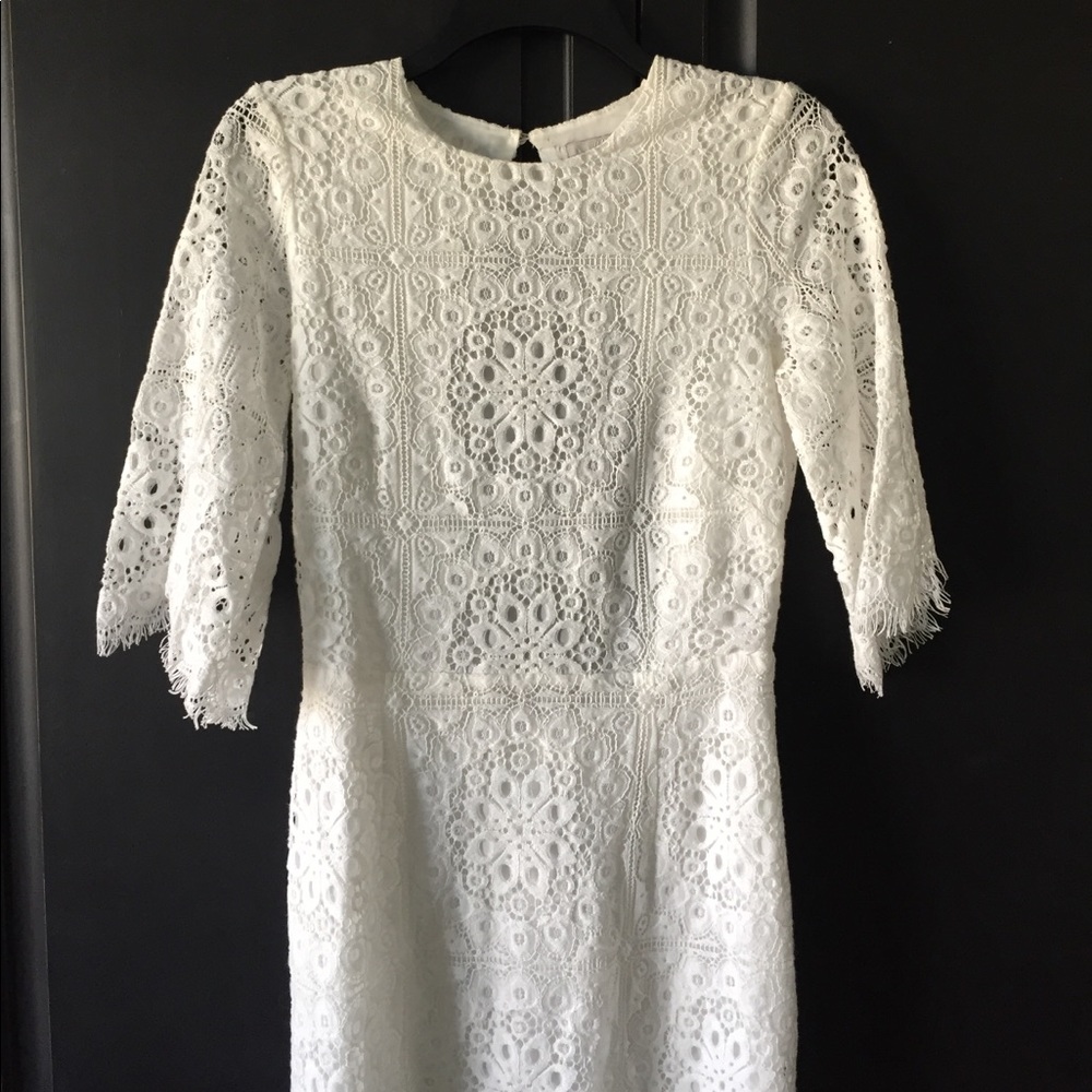 Gorgeous off-white lace, form fitting, open-back dress