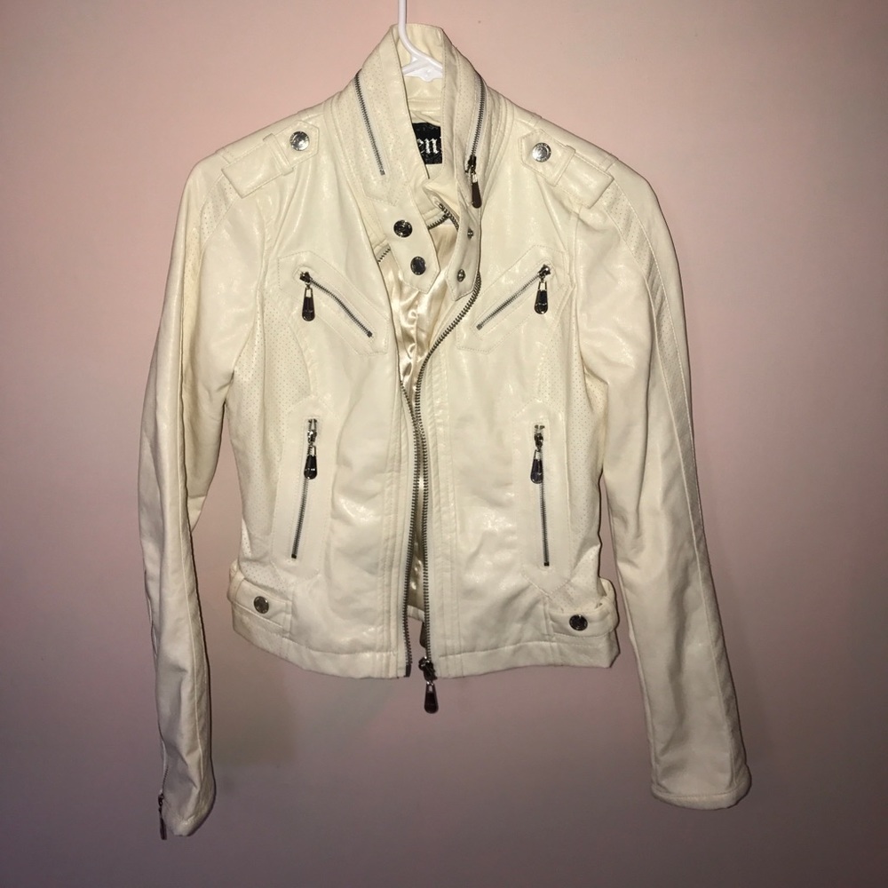 Ivory pleather bomber with zipper details
